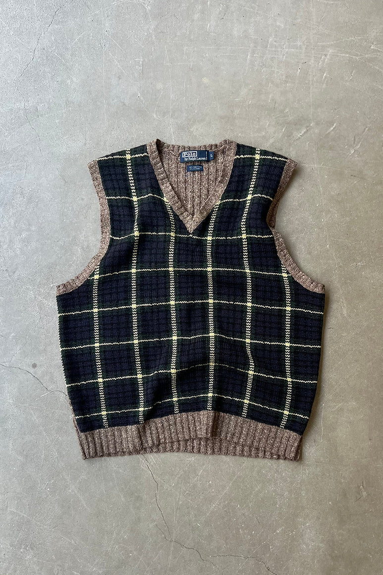90'S WOOL SILK CHECK VEST / BLACK [SIZE: S USED]