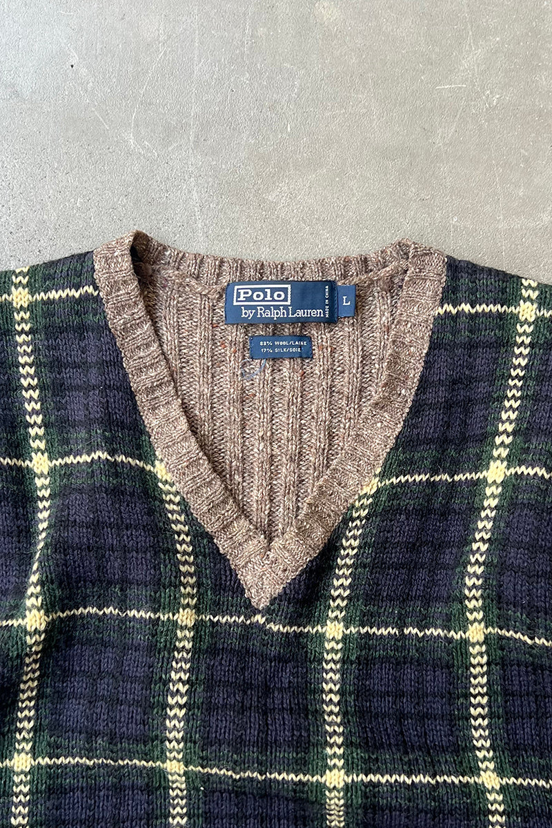 90'S WOOL SILK CHECK VEST / BLACK [SIZE: S USED]