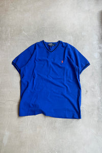 90'S V-NECK ONE POINT LOGO T-SHIRT  / BLUE [SIZE: M USED]