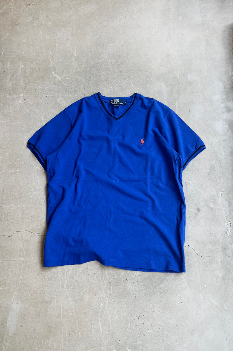 90'S V-NECK ONE POINT LOGO T-SHIRT  / BLUE [SIZE: M USED]