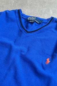 90'S V-NECK ONE POINT LOGO T-SHIRT  / BLUE [SIZE: M USED]