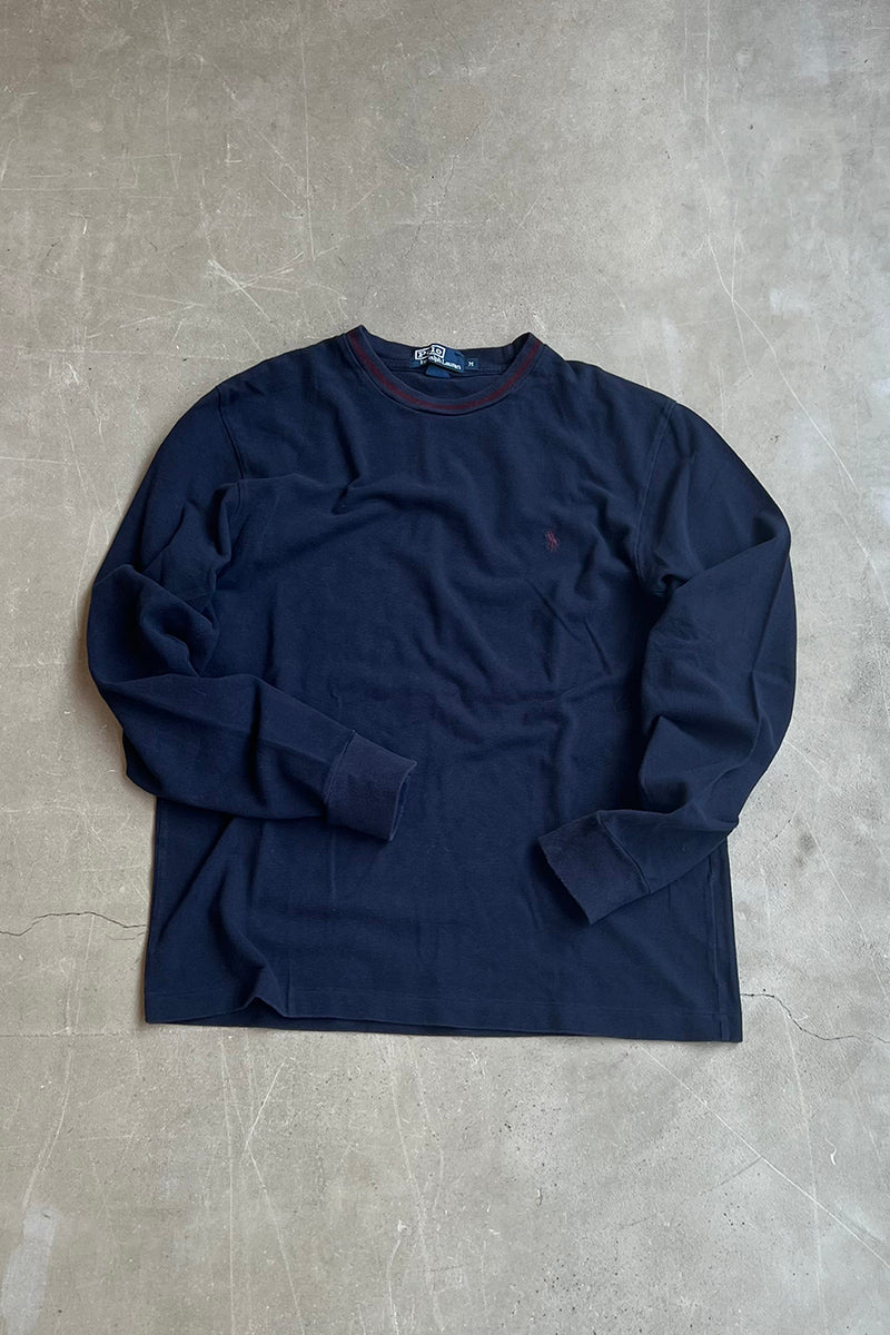 90'S ONE POINT LOGO L/S T-SHIRT  / NAVY [SIZE: M USED]