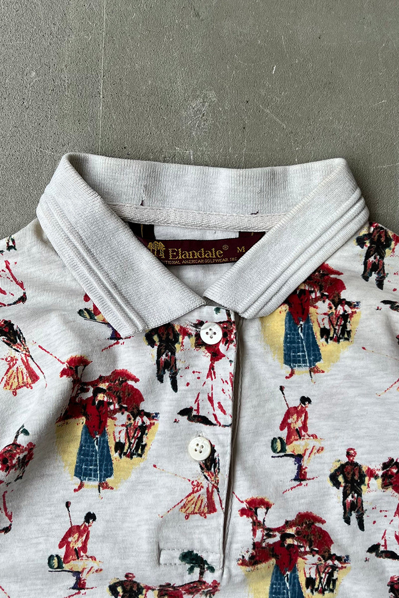 90'S S/S PATTERNED POLO SHIRT / IVORY [SIZE: M USED]