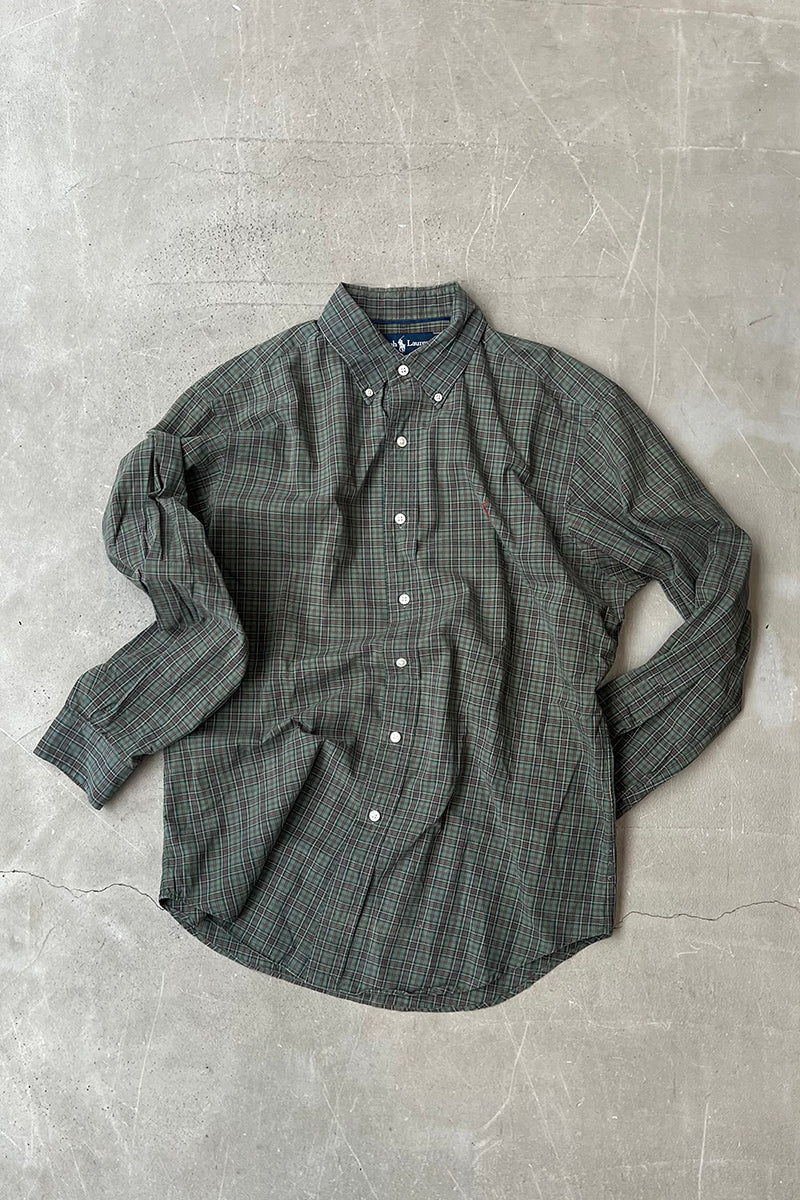 90'S CLASSIC FIT CHECK L/S BD SHIRT / GREEN [SIZE: M USED]