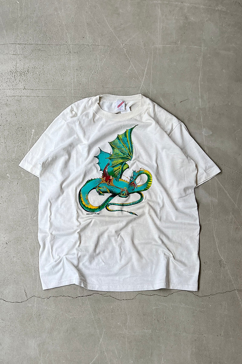 MADE IN USA 90'S DRAGON PRINT T-SHIRT / WHITE [SIZE: L USED]