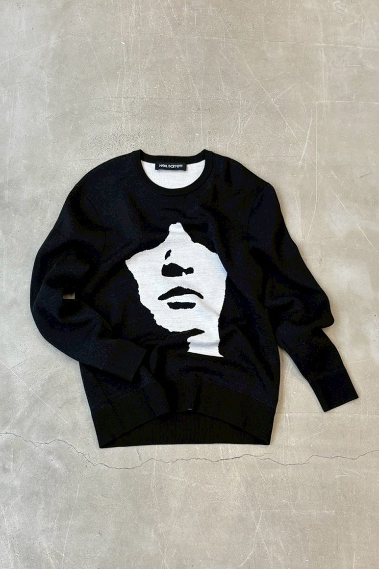 FACE DESIGN VISCOSE KNIT SWEATER / BLACK [SIZE: M USED]
