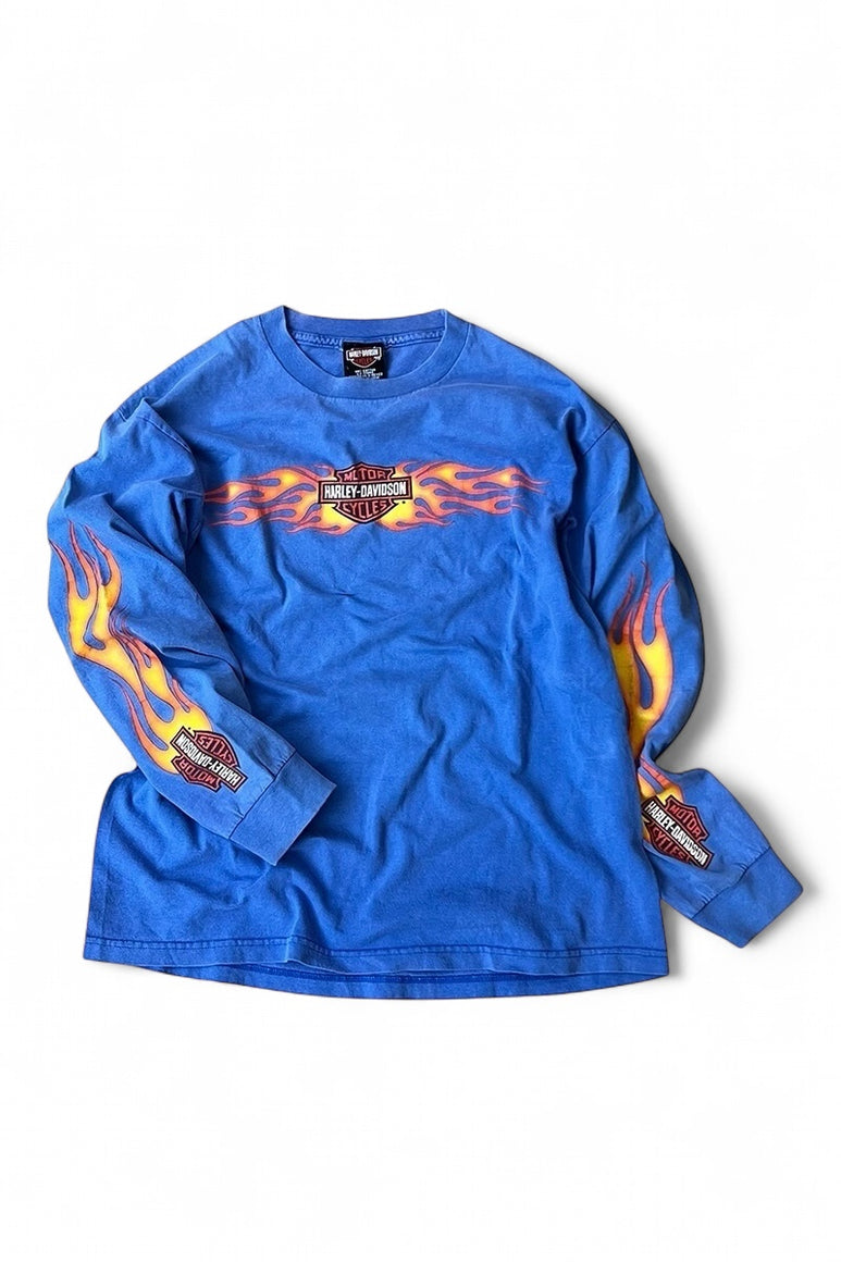 MADE IN MEXICO 03'S Y2K L/S FIRE FLAME T-SHIRT / BLUE [SIZE: L USED]