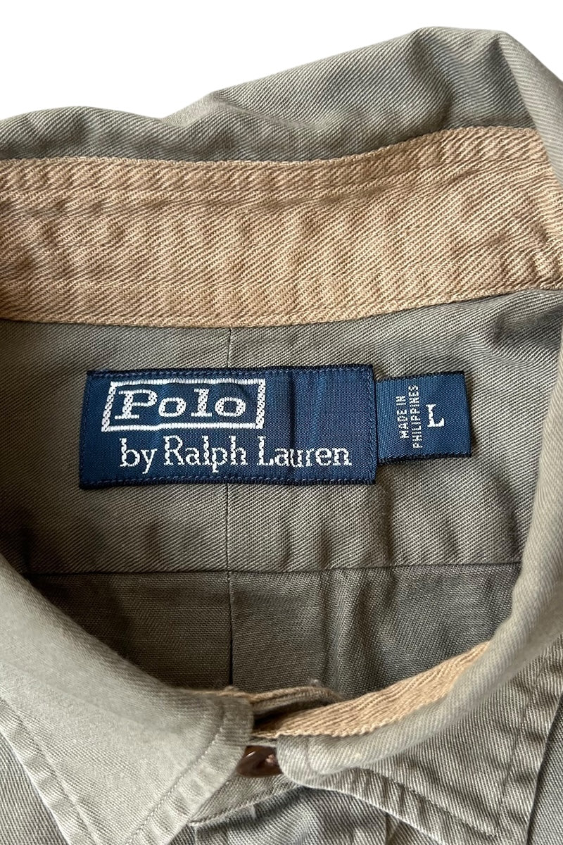 90'S L/S COTTON MILITARY SHIRT / KHAKI [SIZE: L USED]