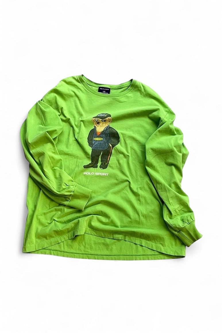 90'S L/S POLO BEAR T-SHIRT / GREEN [SIZE: L USED]
