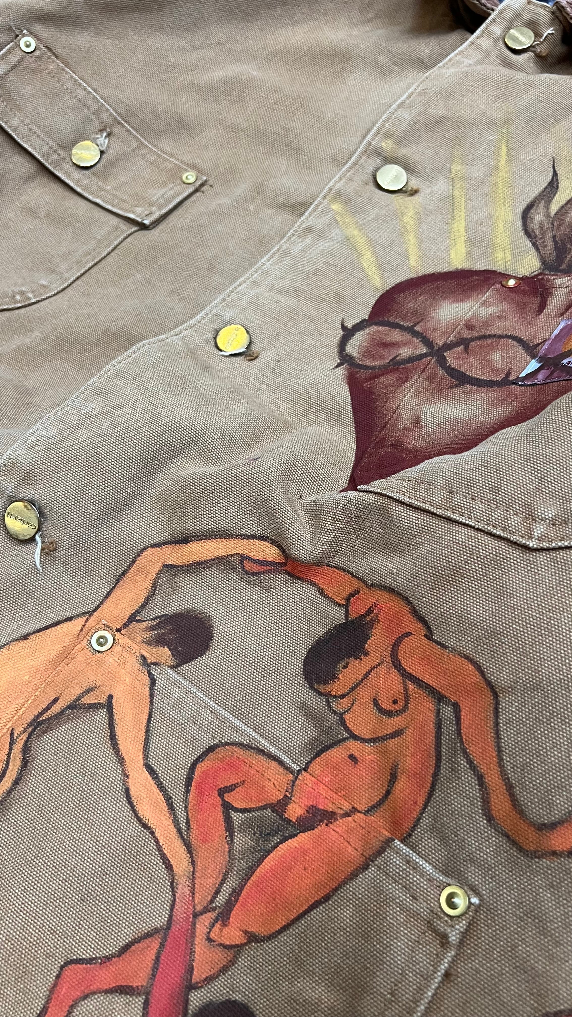 90'S HAND PAINTED DUCK MICHIGAN CHORE COAT / BEIGE [SIZE: L USED]