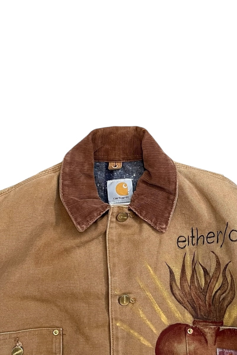 90'S HAND PAINTED DUCK MICHIGAN CHORE COAT / BEIGE [SIZE: L USED]