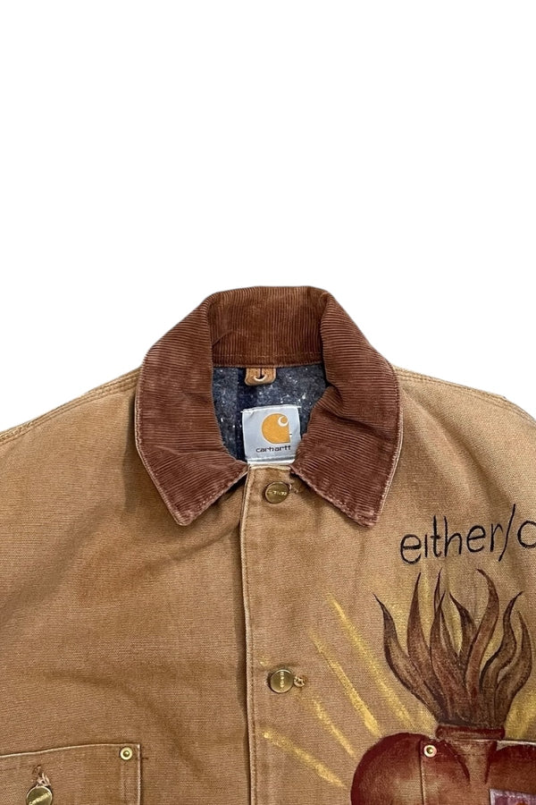 90'S HAND PAINTED DUCK MICHIGAN CHORE COAT / BEIGE [SIZE: L USED]