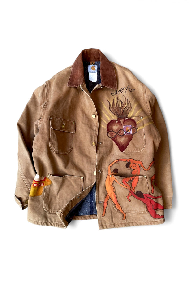90'S HAND PAINTED DUCK MICHIGAN CHORE COAT / BEIGE [SIZE: L USED]