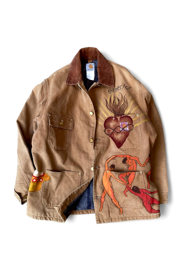 90'S HAND PAINTED DUCK MICHIGAN CHORE COAT / BEIGE [SIZE: L USED]