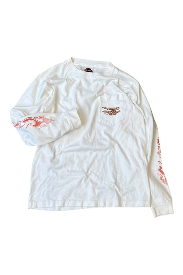 MADE IN USA Y2K EARLY 00s L/S FIRE FLAME T-SHIRT / WHITE [SIZE: M USED]
