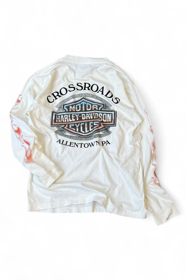MADE IN USA Y2K EARLY 00s L/S FIRE FLAME T-SHIRT / WHITE [SIZE: M USED]