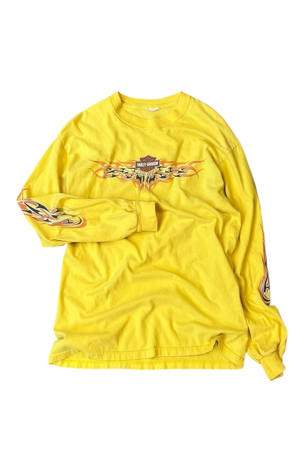 Y2K EARLY 05'S L/S FIRE FLAME T-SHIRT / YELLOW [SIZE: L USED]