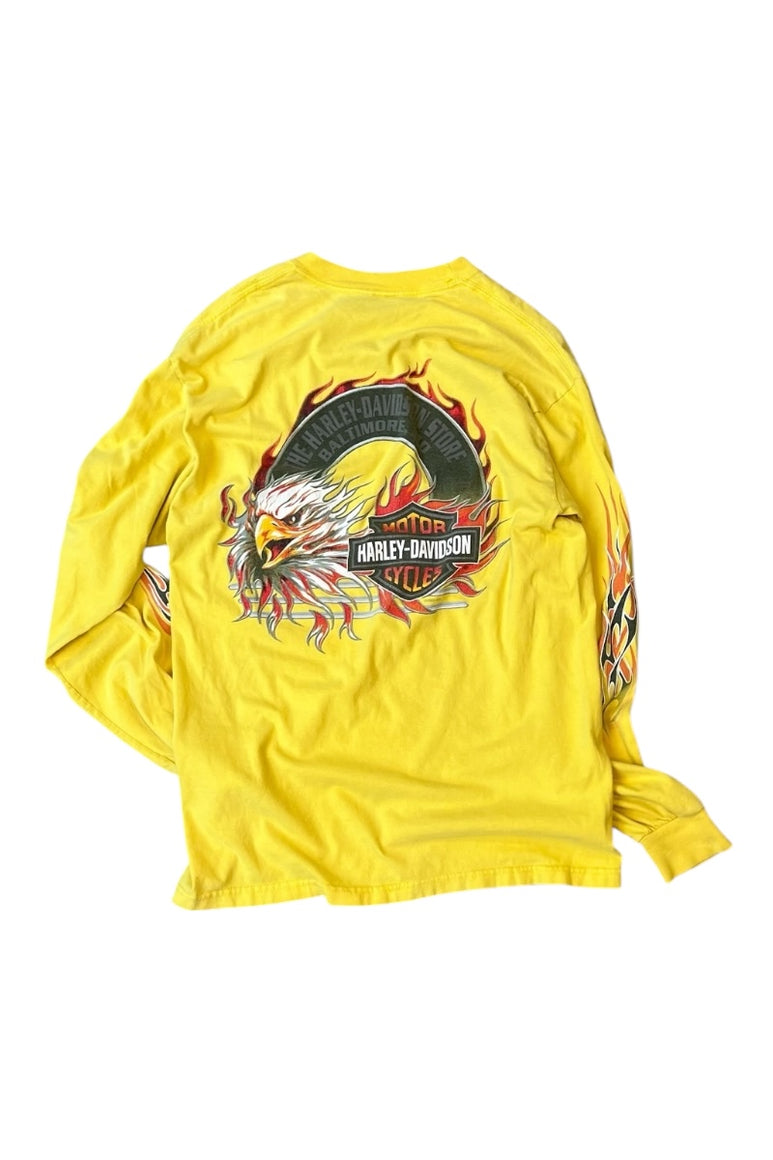 Y2K EARLY 05'S L/S FIRE FLAME T-SHIRT / YELLOW [SIZE: L USED]