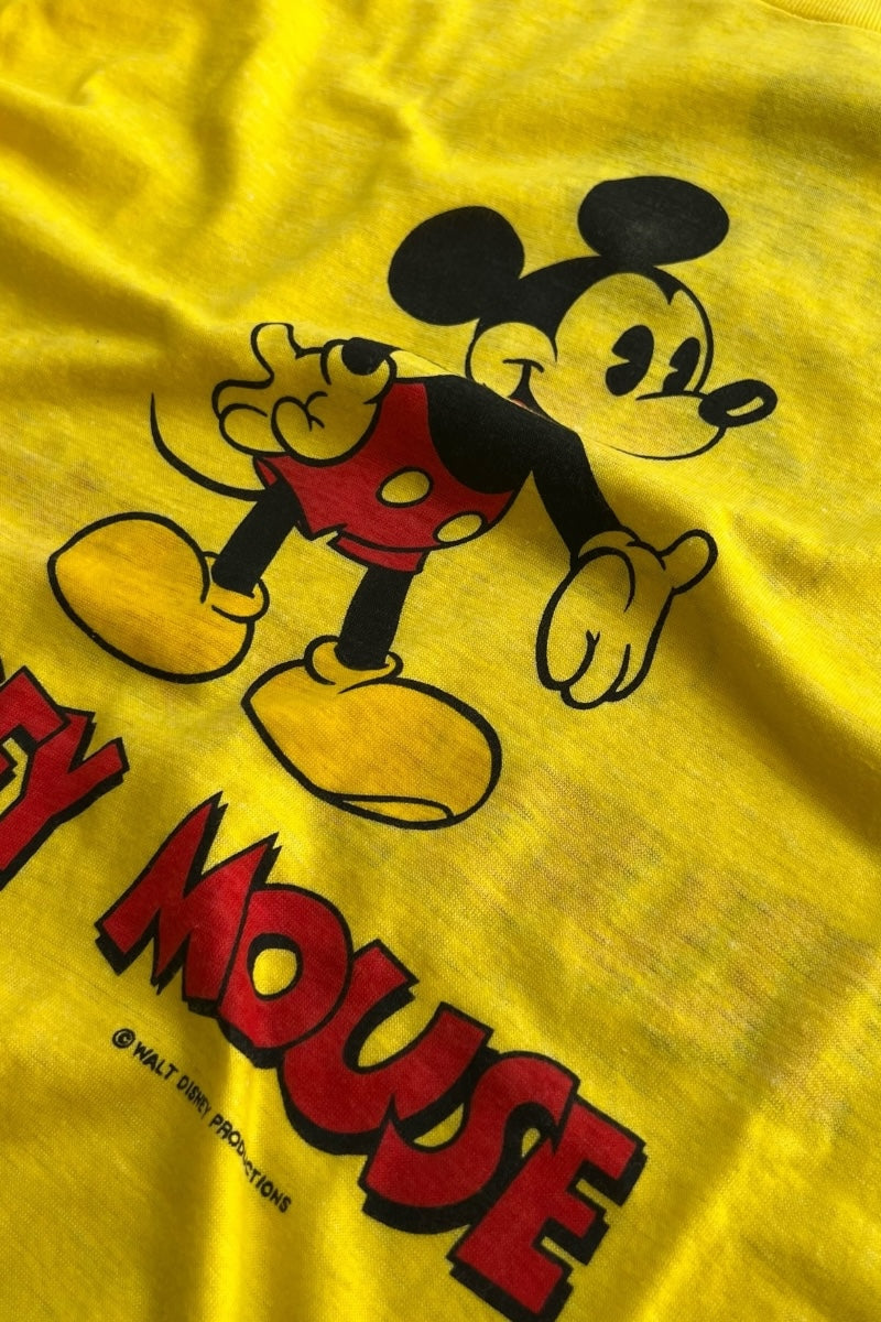MADE IN USA 80'S MICKEY MOUSE CHARACTER T-SHIRT / YELLOW [SIZE: XL USED]
