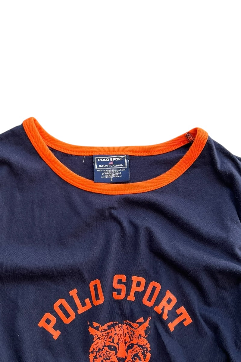 MADE IN USA 90'S LOGO RINGER T-SHIRT / NAVY [SIZE: L USED]