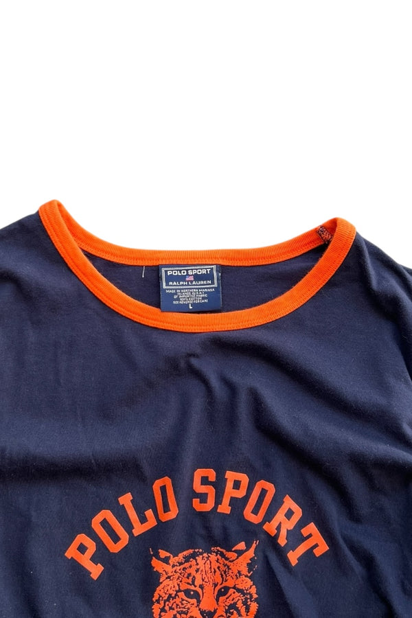 MADE IN USA 90'S LOGO RINGER T-SHIRT / NAVY [SIZE: L USED]