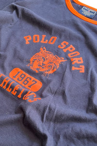 MADE IN USA 90'S LOGO RINGER T-SHIRT / NAVY [SIZE: L USED]