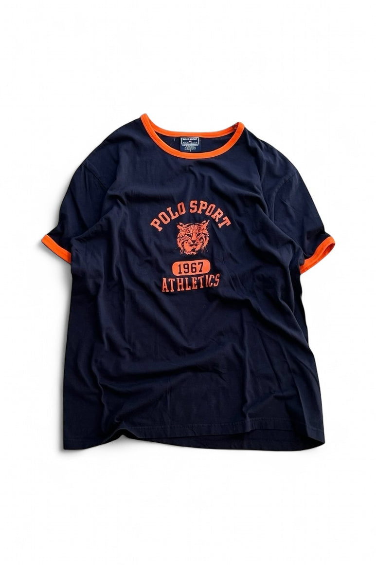 MADE IN USA 90'S LOGO RINGER T-SHIRT / NAVY [SIZE: L USED]
