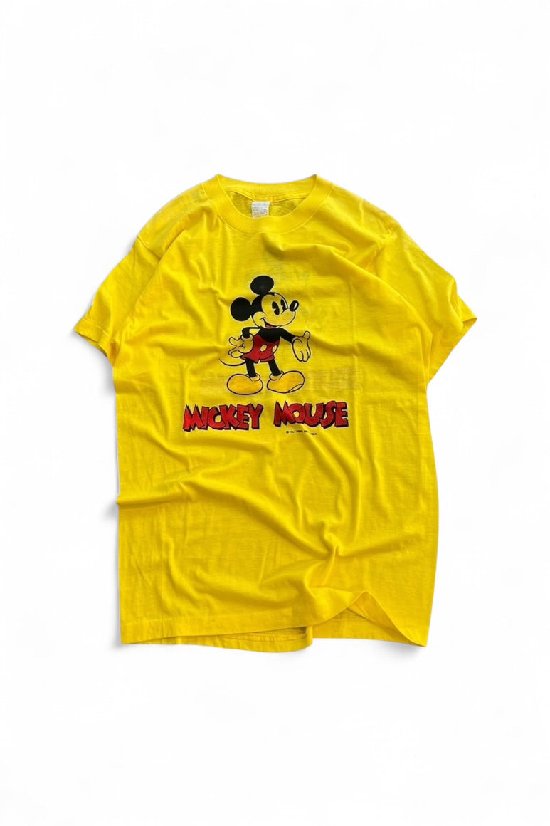 MADE IN USA 80'S MICKEY MOUSE CHARACTER T-SHIRT / YELLOW [SIZE: XL USED]