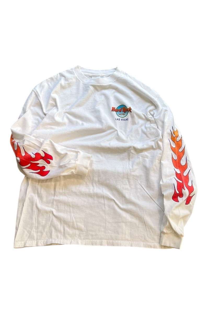 MADE IN USA 90'S LAS VEGAS L/S FIRE FLAME T-SHIRT / WHITE [SIZE: L USED]