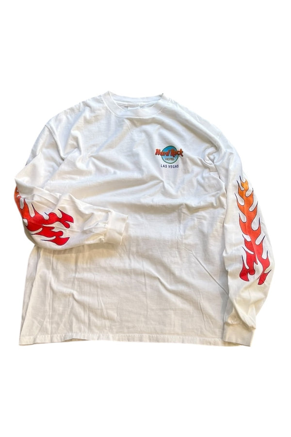 MADE IN USA 90'S LAS VEGAS L/S FIRE FLAME T-SHIRT / WHITE [SIZE: L USED]