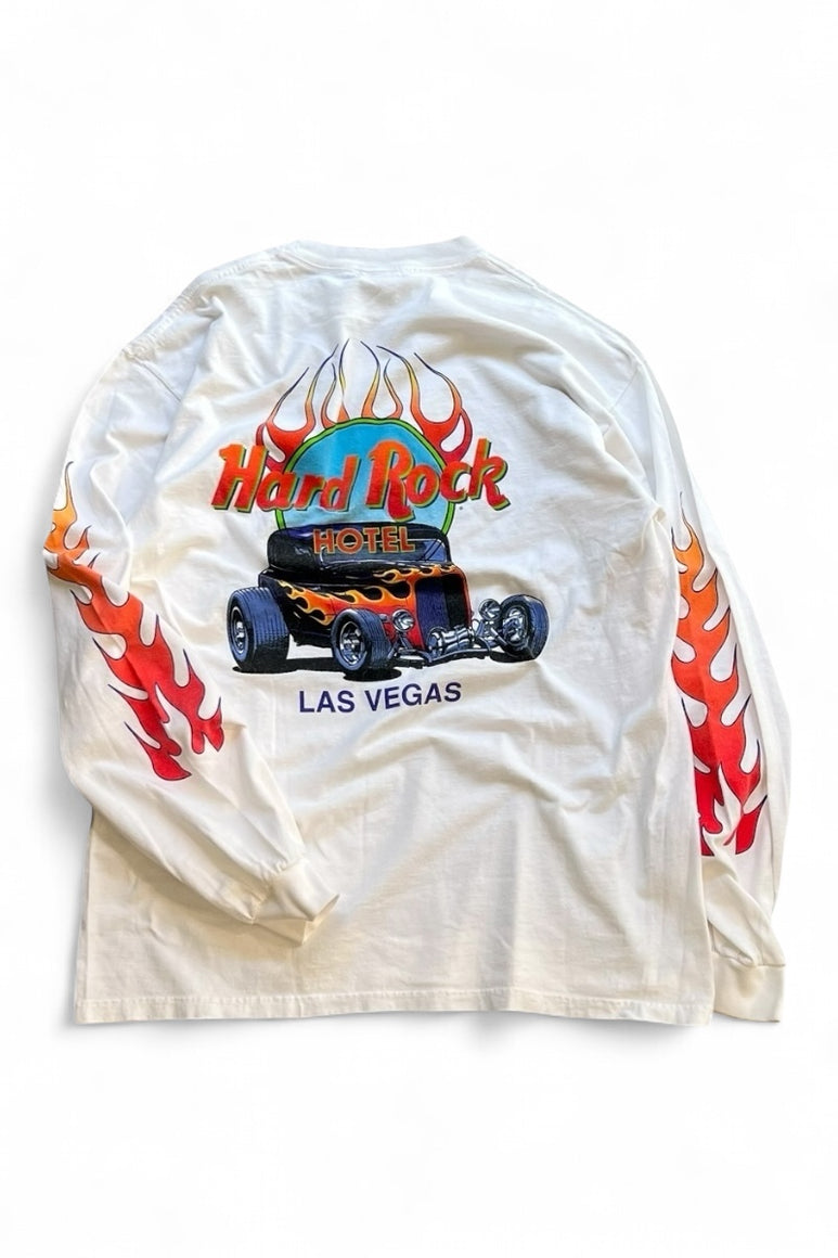 MADE IN USA 90'S LAS VEGAS L/S FIRE FLAME T-SHIRT / WHITE [SIZE: L USED]