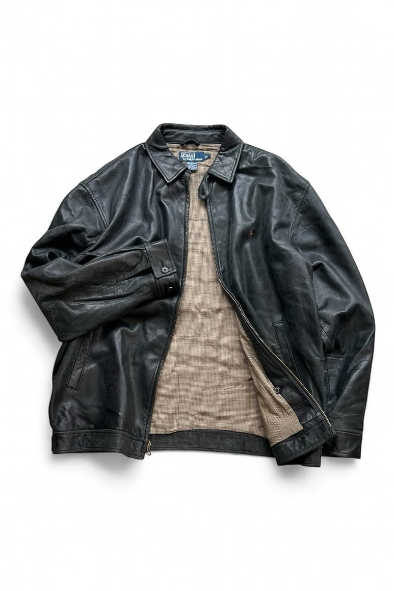 90'S LAMB LEATHER ZIP UP JACKET / BLACK [SIZE: L USED]