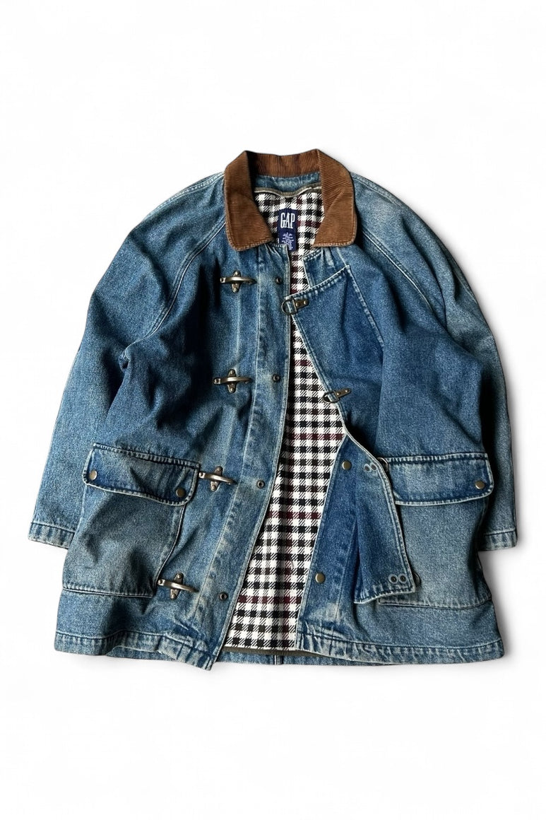 90'S DENIM FIREMAN JACKET W/BLANKET LINER / INDIGO [SIZE: S USED]