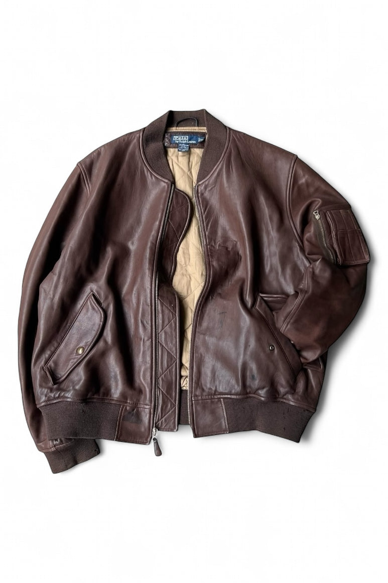 90'S MA-1 TYPE LAMB LEATHER BOMBER FLIGHT JACKET / BROWN [SIZE: XL USED]