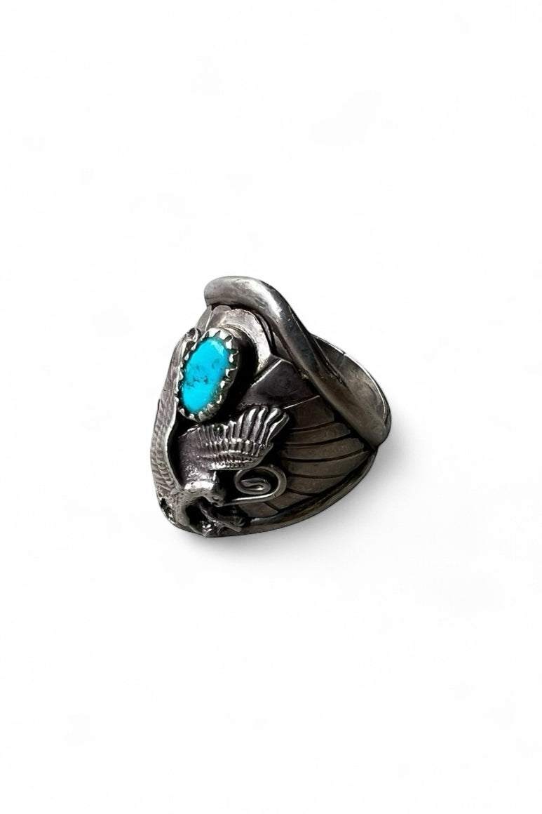 VINTAGE NATIVE AMERICAN 925 SILVER EAGLE RING W/TURQUOIS / SILVER  [SIZE: 21号 USED]
