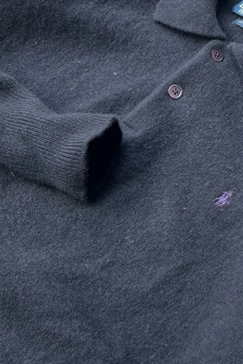 90'S L/S WOOL POLO SHIRT / BLACK [SIZE: L USED]