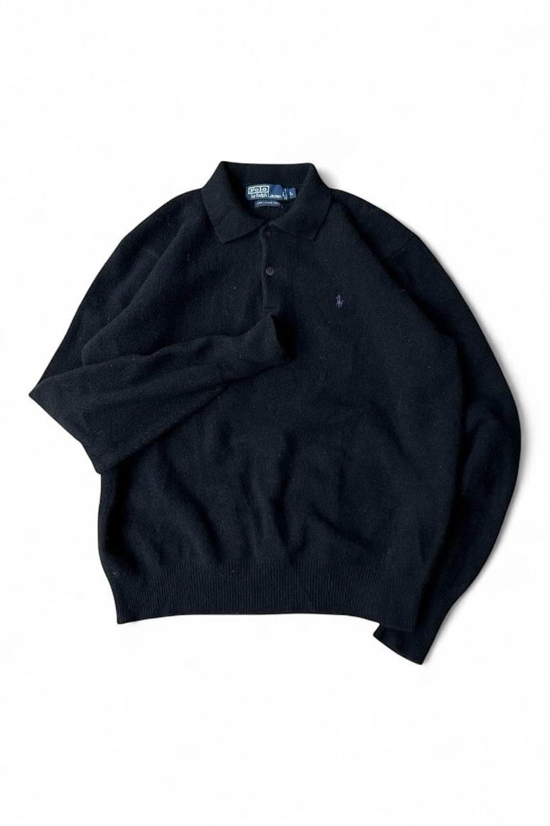 90'S L/S WOOL POLO SHIRT / BLACK [SIZE: L USED]