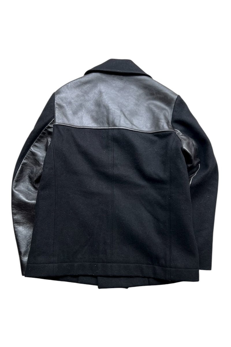 MADE IN ITALY 17AW WOOL & LEATHER PEA COAT / BLACK [SIZE: 46 USED]