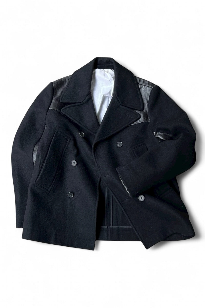 MADE IN ITALY 17AW WOOL & LEATHER PEA COAT / BLACK [SIZE: 46 USED]
