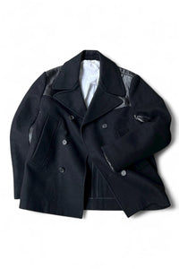 MADE IN ITALY 17AW WOOL & LEATHER PEA COAT / BLACK [SIZE: 46 USED]