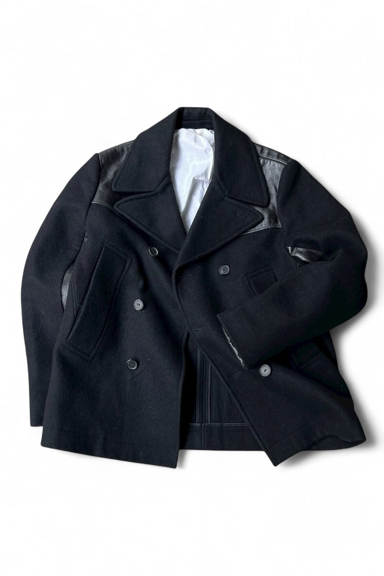 MADE IN ITALY 17AW WOOL & LEATHER PEA COAT / BLACK [SIZE: 46 USED]