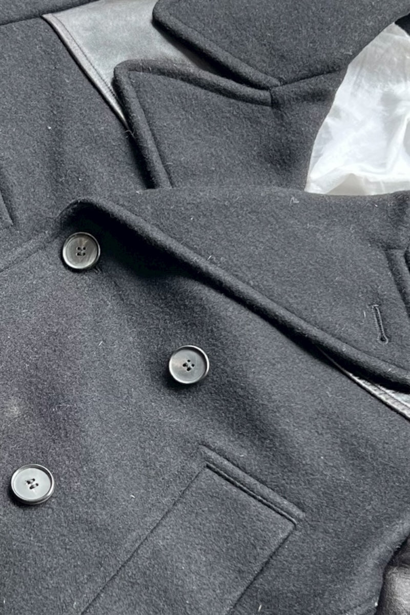 MADE IN ITALY 17AW WOOL & LEATHER PEA COAT / BLACK [SIZE: 46 USED]
