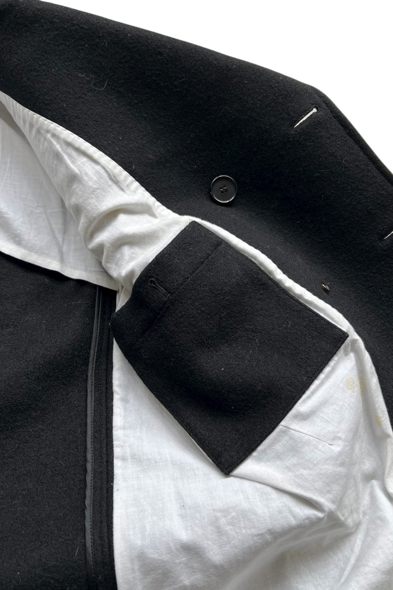 MADE IN ITALY 17AW WOOL & LEATHER PEA COAT / BLACK [SIZE: 46 USED]