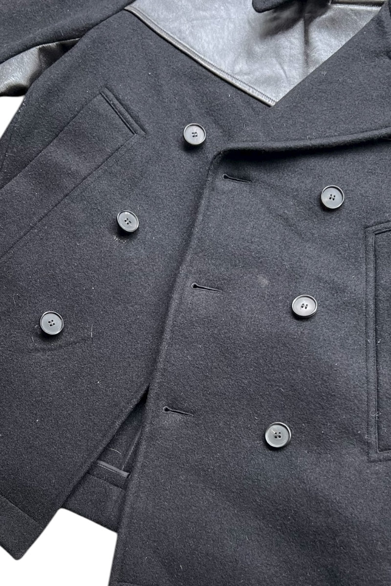 MADE IN ITALY 17AW WOOL & LEATHER PEA COAT / BLACK [SIZE: 46 USED]