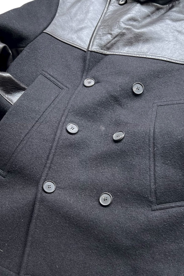 MADE IN ITALY 17AW WOOL & LEATHER PEA COAT / BLACK [SIZE: 46 USED]