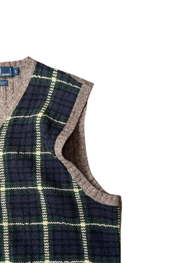 90'S WOOL SILK CHECK VEST / CHECK [SIZE: L USED]