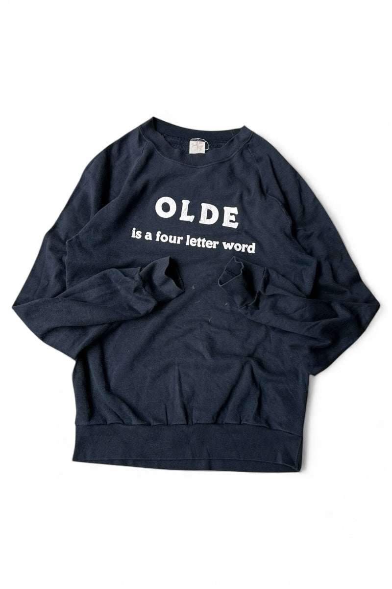 MADE IN USA 70'S OLDE IS A FOUR LETTER WORD MESSAGE SWEATSHIRT / BLACK [SIZE: XL USED]
