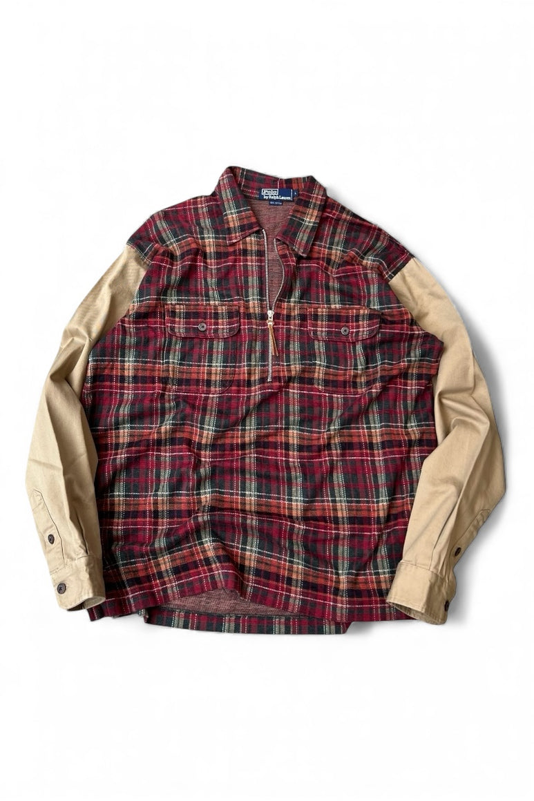 90'S L/S SWITCHING CHECK HALF ZIP SHIRT / RED [SIZE: L USED]