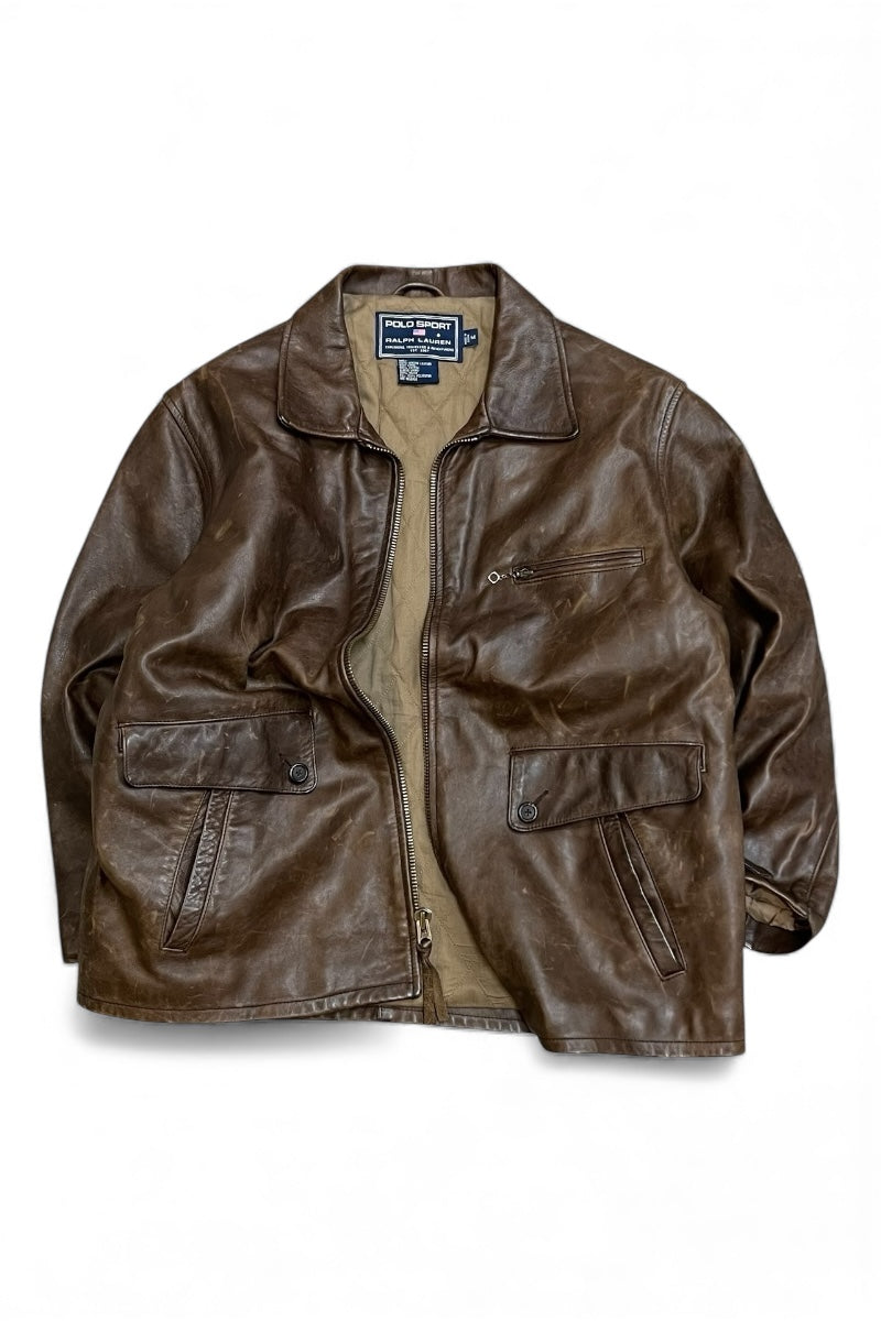 90'S ZIP LEATHER JACKET / BROWN [SIZE: M USED]