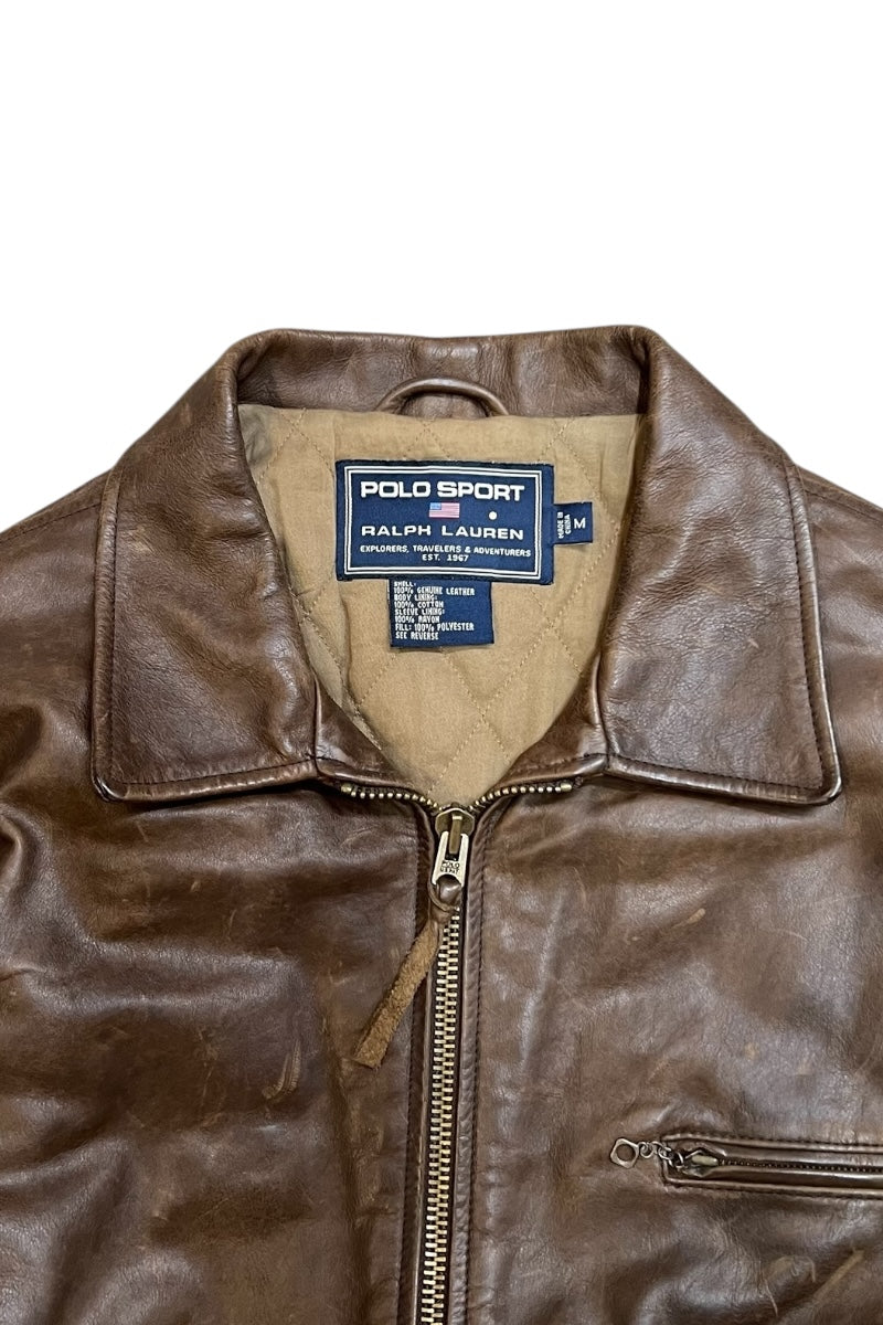 90'S ZIP LEATHER JACKET / BROWN [SIZE: M USED]